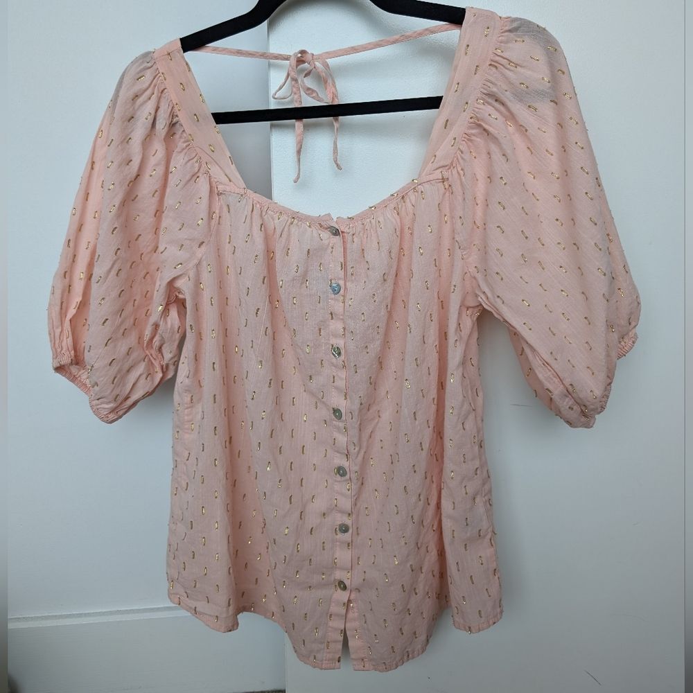 Hester & Orchard Barbiecore Puff Sleeve Gold Specked Button Up Crop Blouse